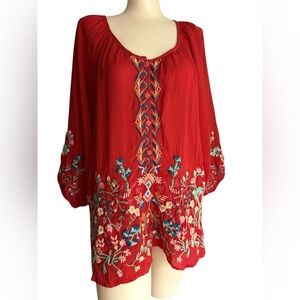 Johnny Was Red Bo Ho Peasant Sheer Embroidered Top